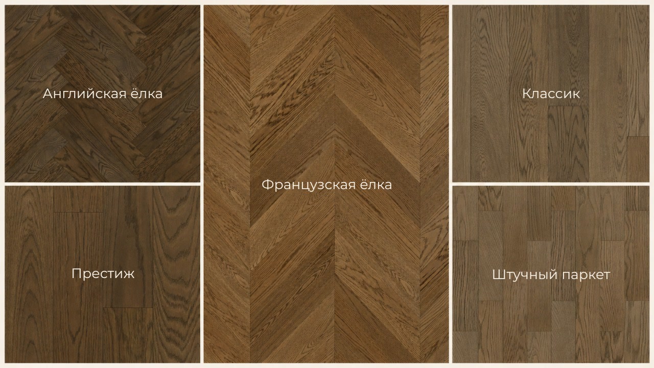 Коллекции и раскладки Quartz Parquet: английская и французская ёлка, классик и штучный паркет